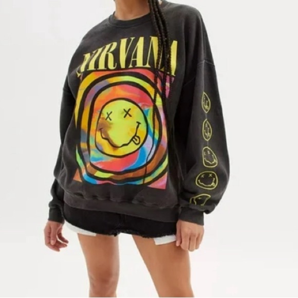 Urban Outfitters Women's X Nirvana Smile Overdyed Oversize Crew Neck Sweatshirt - Picture 1 of 5